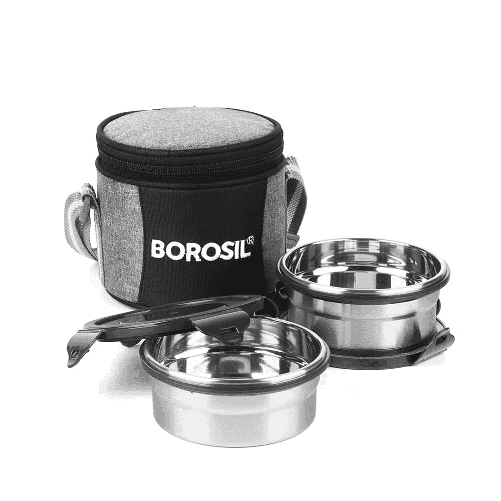 Borosil Stainless Steel Lunch box with Carry Bag Set of 2- Silver- (400ml*2)